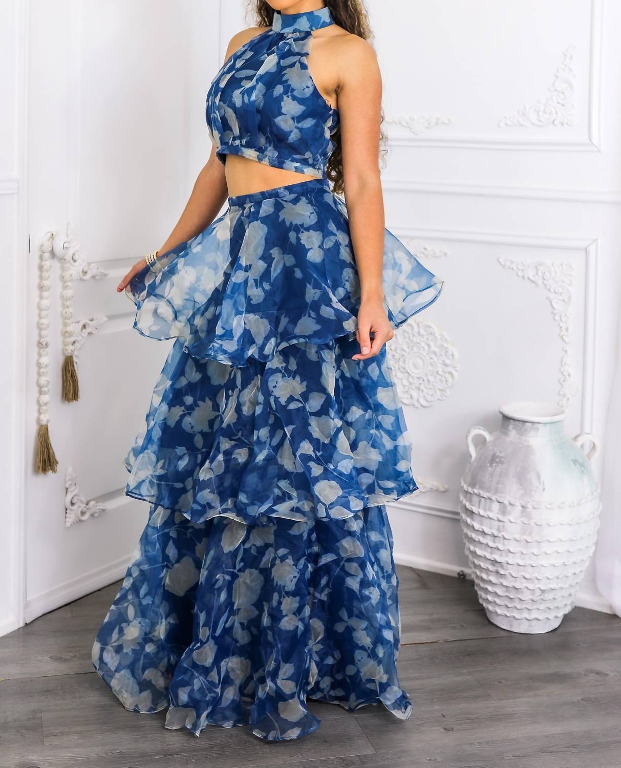 Surelymine - Tiered Ruffle Two-piece Set Halter Crop Top & Maxi Skirt