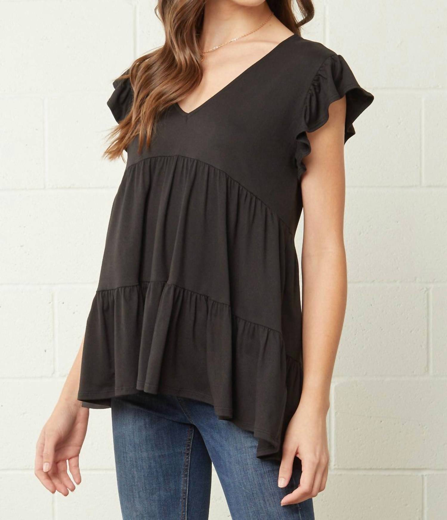 entro Tiered Ruffle Babydoll Top in black - women's blouse - alternate view