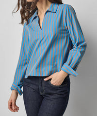 Lilla P Striped Split Neck Collared Shirt in cocoa lapis stripe - women's long sleeve top