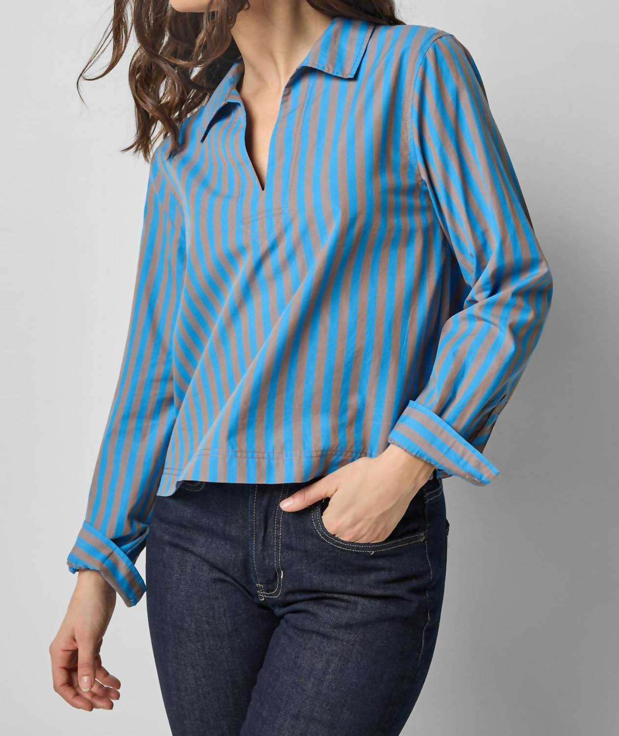 Lilla P Striped Split Neck Collared Shirt in cocoa lapis stripe - women's long sleeve top