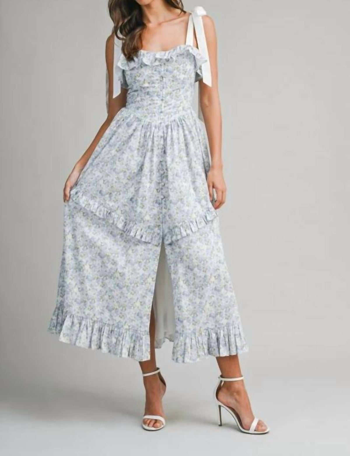 Mable - Floral Printed Contrast Shoulder Strap Midi Dress