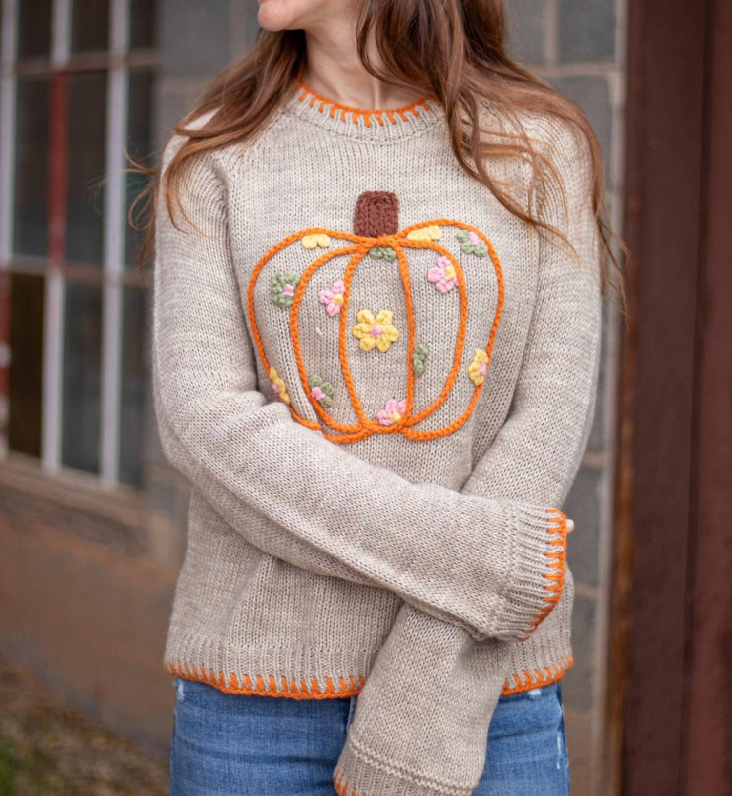 So Me Pumpkin and Floral Embroidered Sweater in beige - women's sweater - detail view