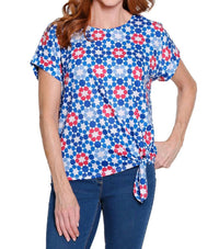 Multiples - Printed Slub Knit Top With Tie Waist