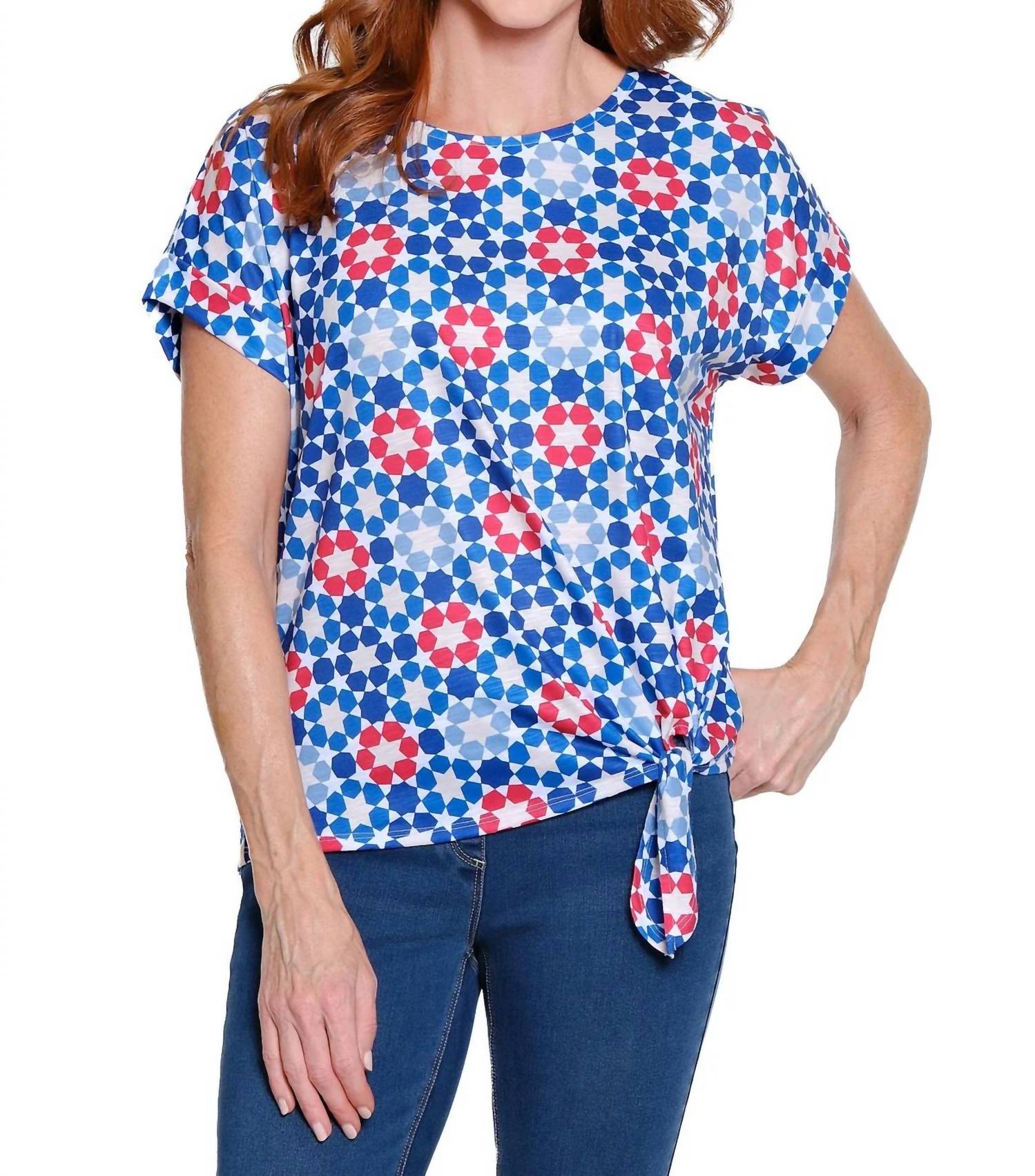 Multiples - Printed Slub Knit Top With Tie Waist