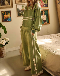 mittoshop Pull On Side Bow Stripe Wide Leg Pants in matcha - women's pants - view 4