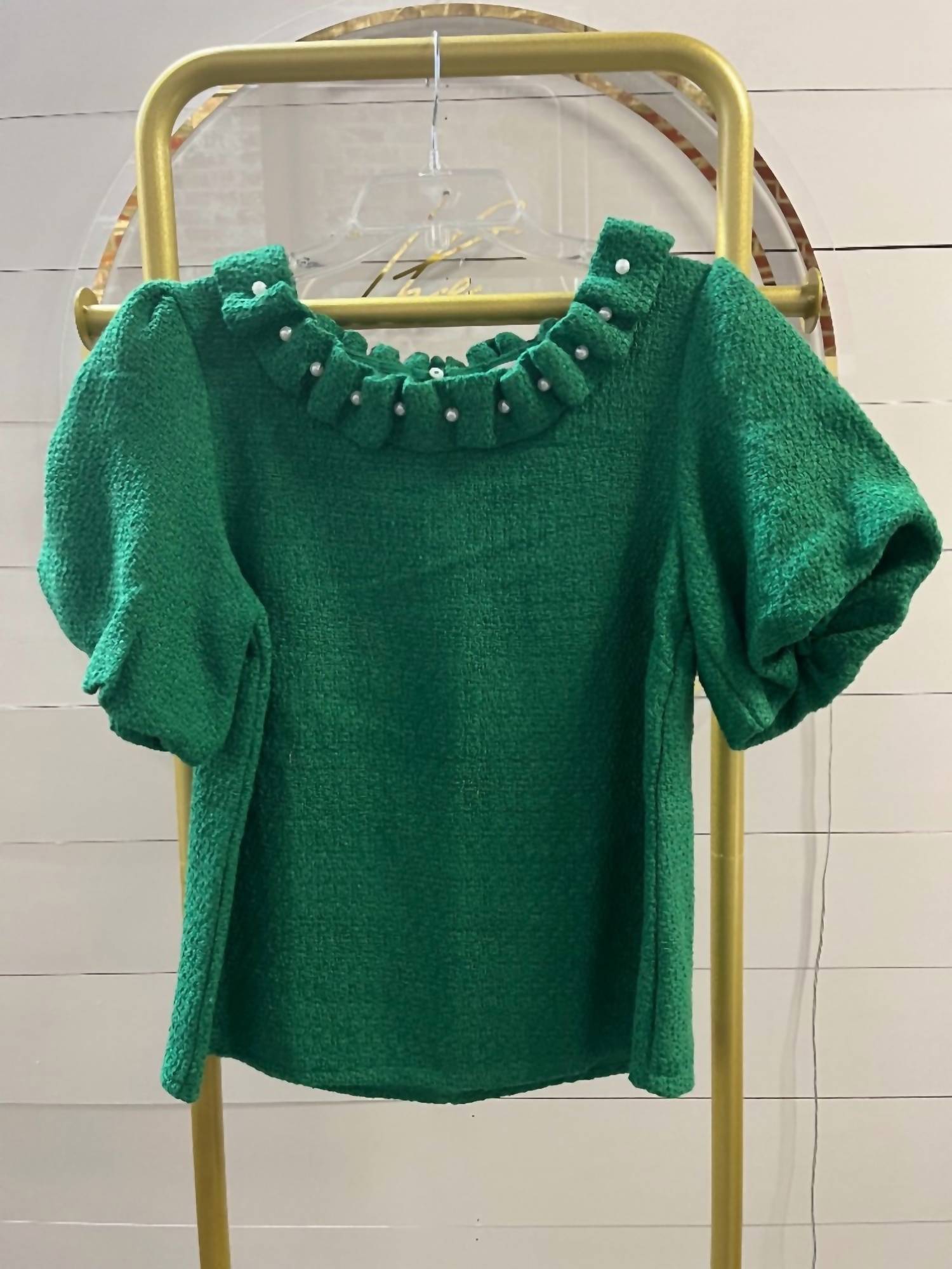 voy Pearled Ruffle Top in kelly green - women's blouse - detail view