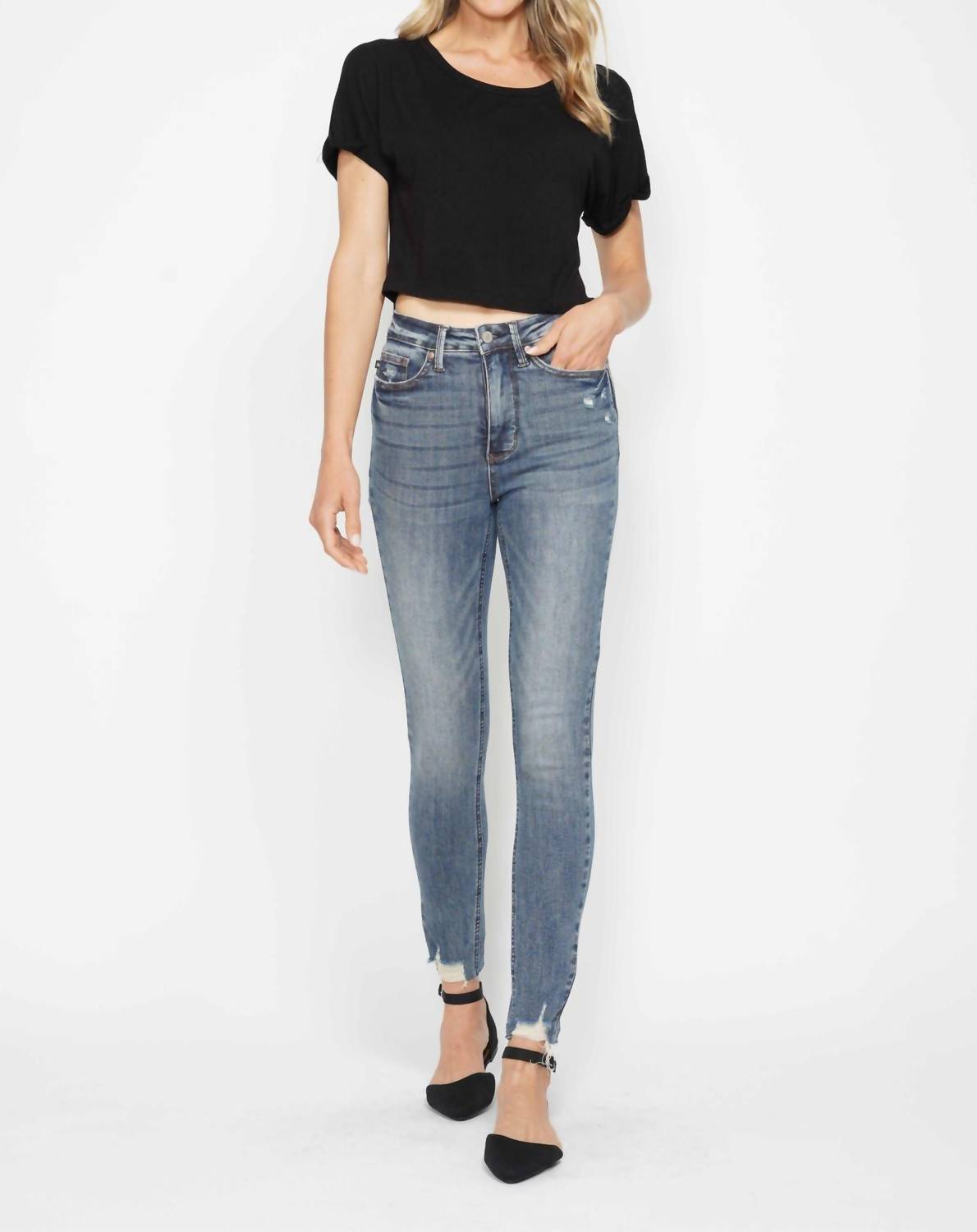 Judy Blue - High Waist Tummy Control Vintage Wash Destroyed Hem Skinny Jeans