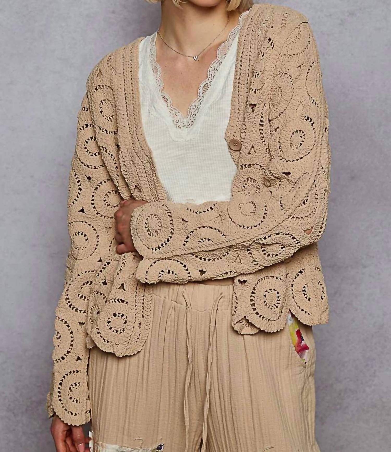 Pol - Button Down V-neck Crochet Cardigan