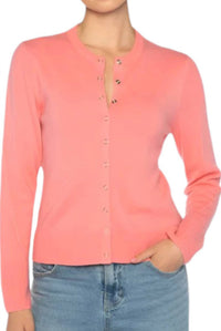 Kinross Snap And Ribbon Cardigan in coral - women's cardigan - detail view