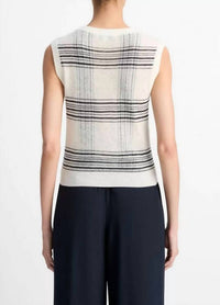Vince Featherweight Plaid Wool Sweater Vest in off white coastal blue - women's jacket - alternate view