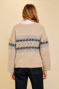LUMIERE Argyle V-neck Cardigan in beige - women's sweater - detail view
