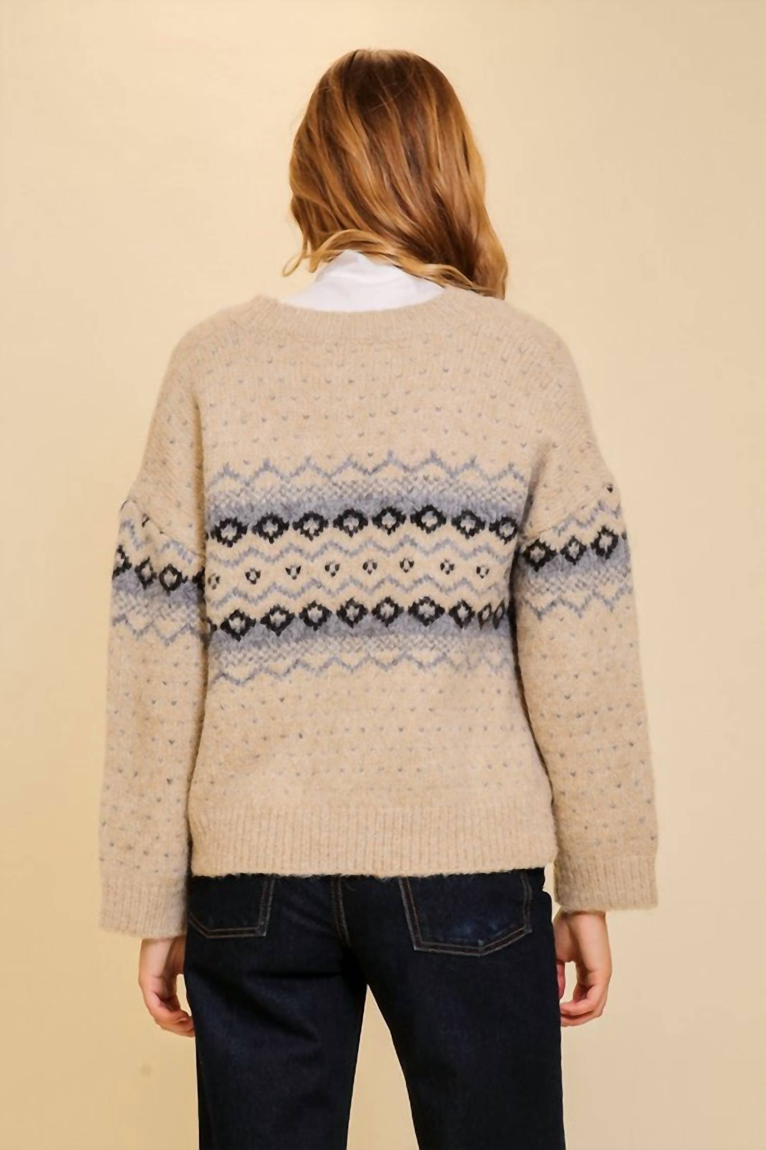 LUMIERE Argyle V-neck Cardigan in beige - women's sweater - detail view