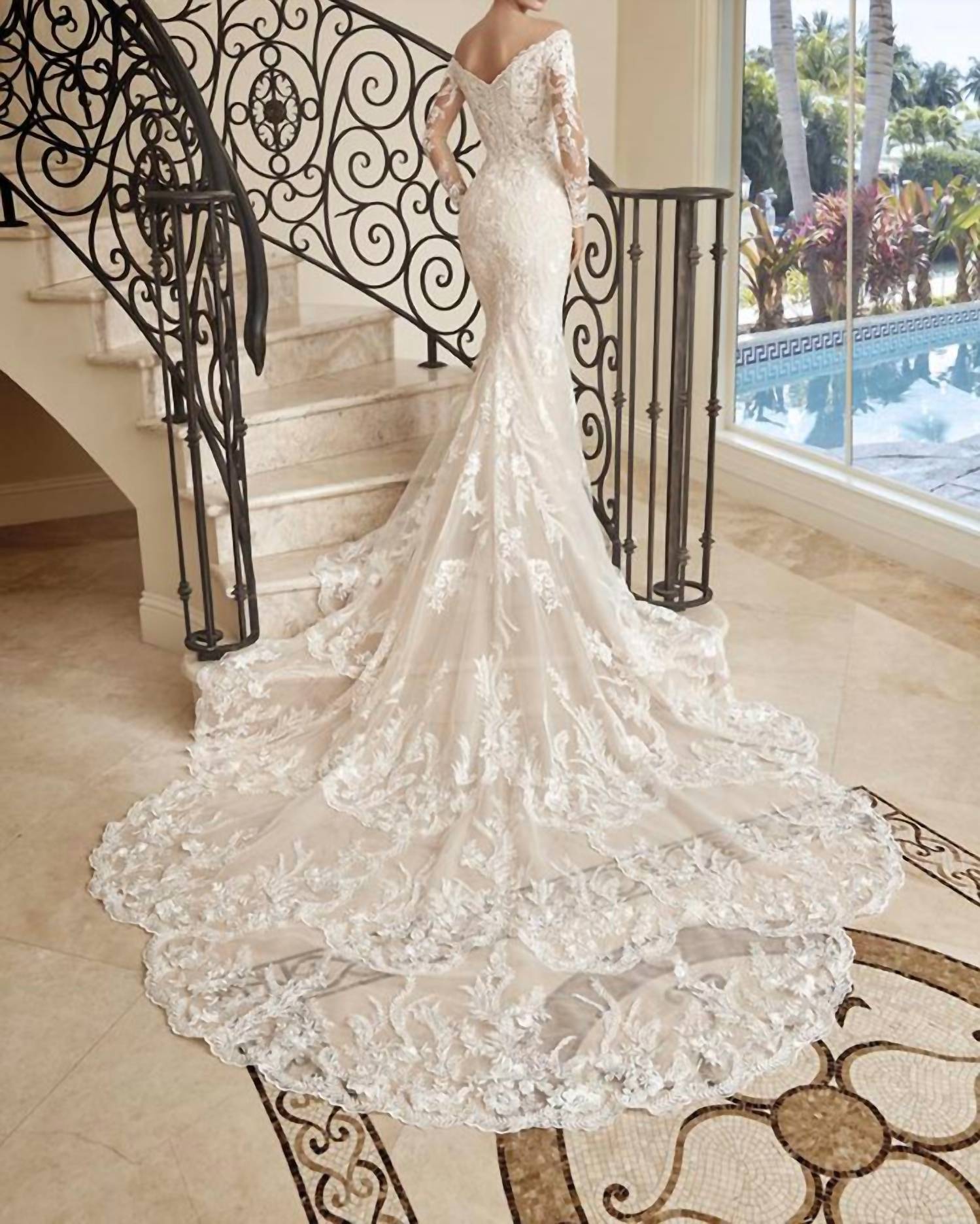 Demetrios - Lace Embellished Sheer Gown