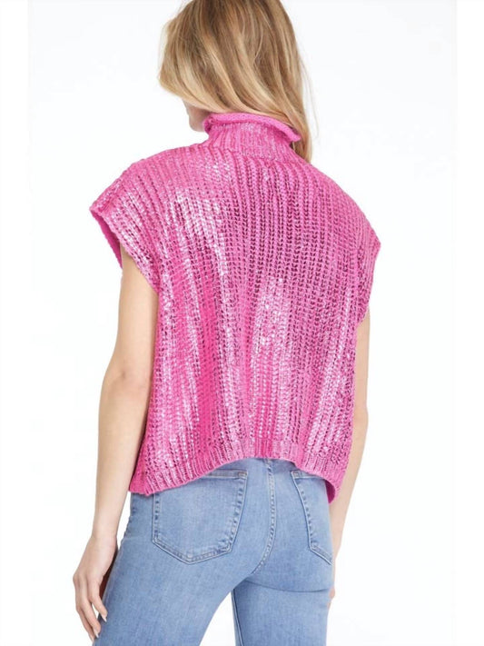 She + Sky - Metallic Foil Sleeveless Turtleneck Sweater Top