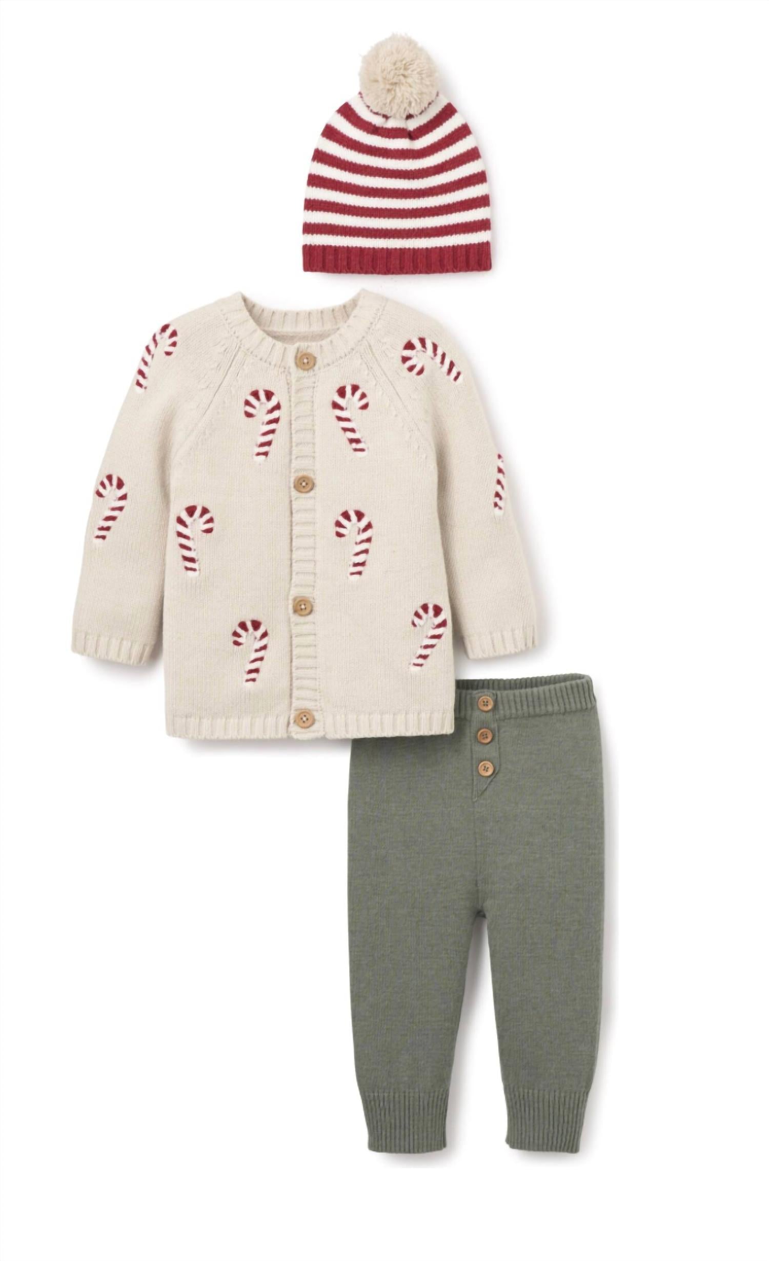 Elegant Baby Candy Cane Cardigan Knit Pants Striped Hat Set in multicolor - item