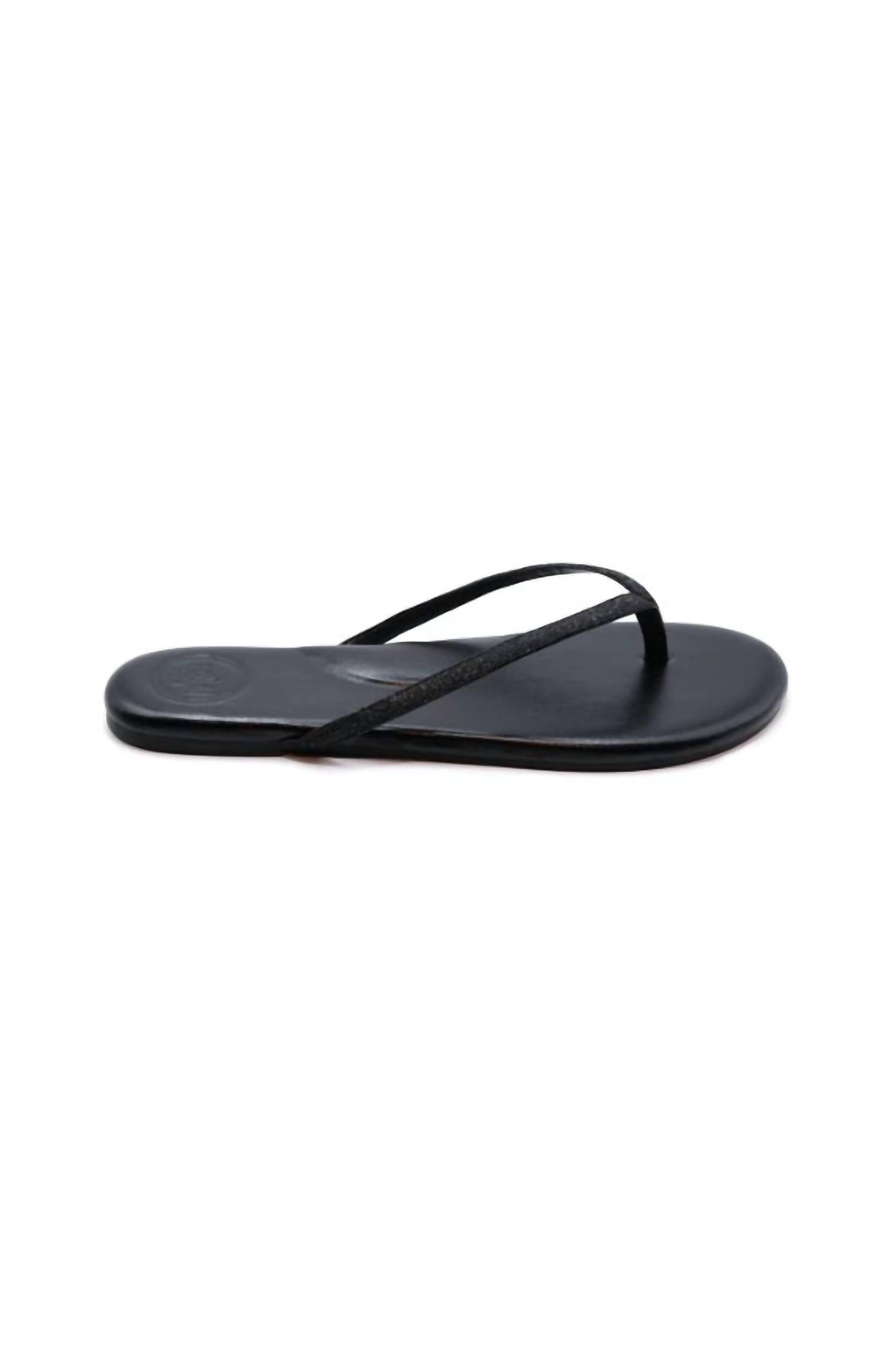 solei sea Women's Indie Flip Flop Sandal in black glitter - women's sandal - detail view