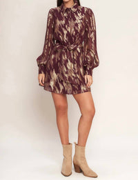 Flying Tomato - Muse Metallic Print Long Sleeve Collared Mini Dress