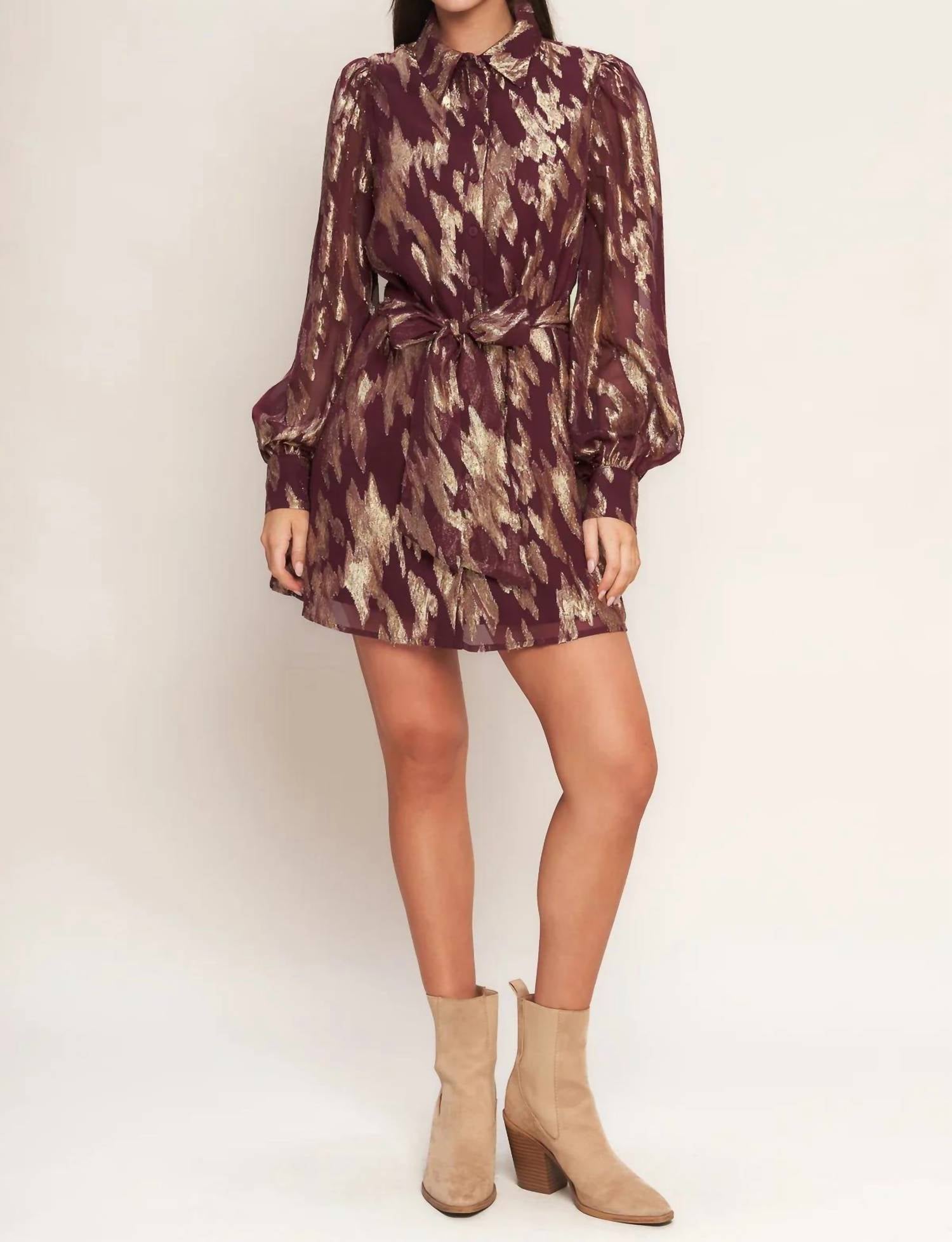 Flying Tomato - Muse Metallic Print Long Sleeve Collared Mini Dress