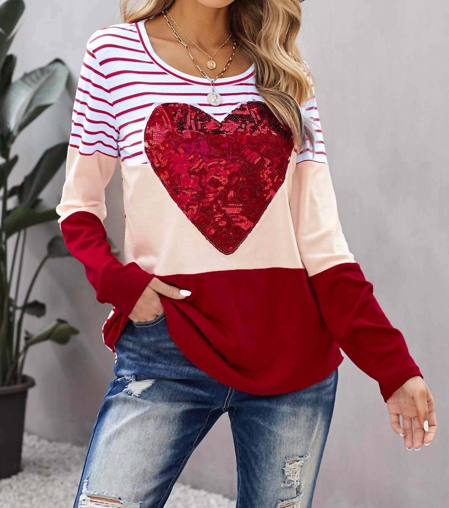 Shiying Fashion - Heart Sequins Striped Top