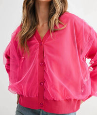 Joh Steven Sheer Ribbed Cardigan in hot pink - women's cardigan - alternate view