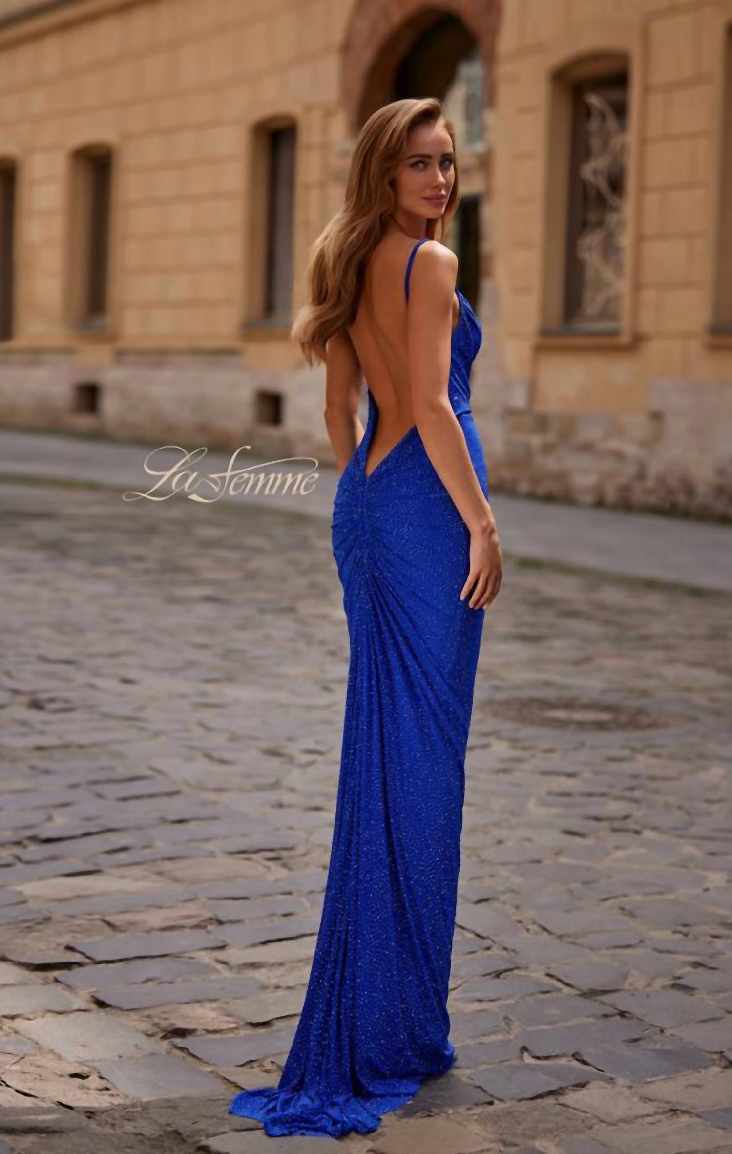La Femme Stunning Fitted Prom Dress in blue - women's dress - alternate view