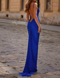 La Femme Stunning Fitted Prom Dress in blue - women's dress - detail view