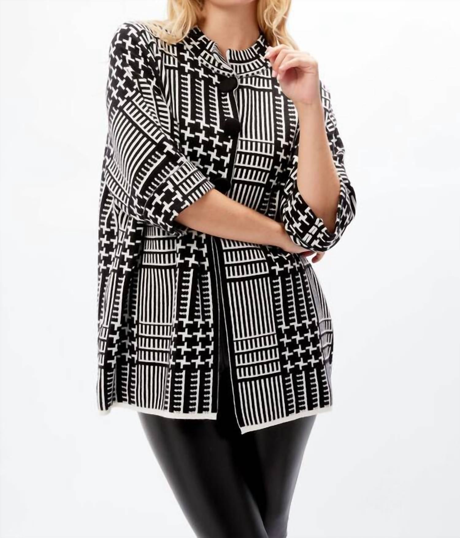 Frank Lyman Abstract Line Print Cardigan in black white - women's cardigan - alternate view