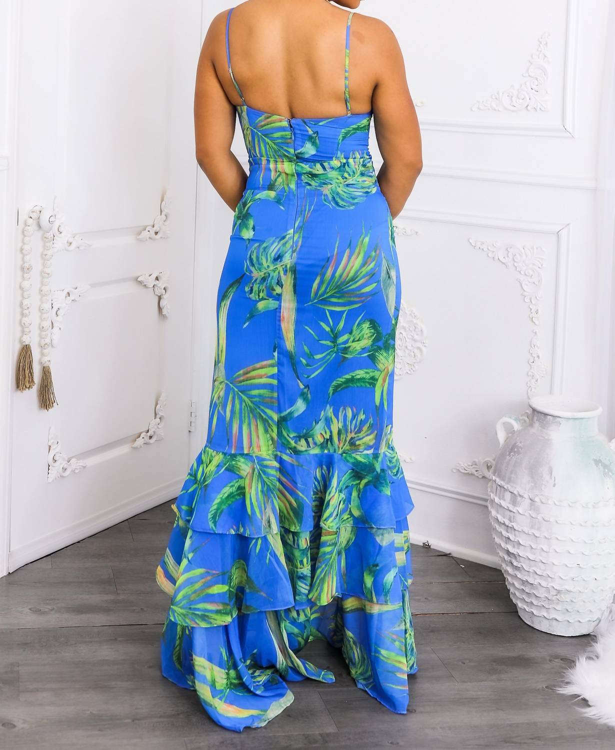 Surelymine - Bold Leaf Print Maxi Dress With Ruffle Hem