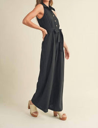 MIOU MUSE Blaine Linen Button Front Jumpsuit in black - women's pants - detail view