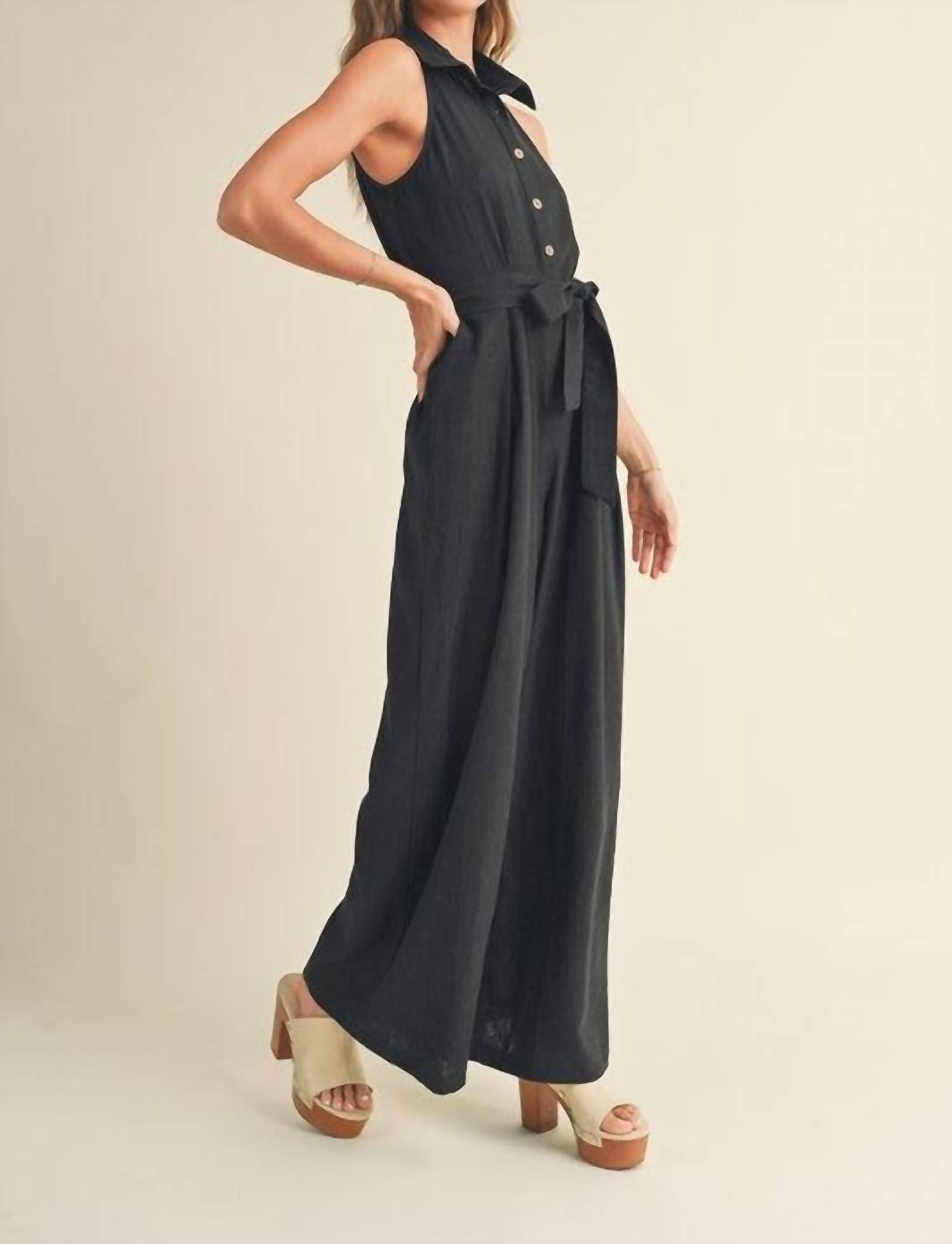 MIOU MUSE Blaine Linen Button Front Jumpsuit in black - women's pants - detail view