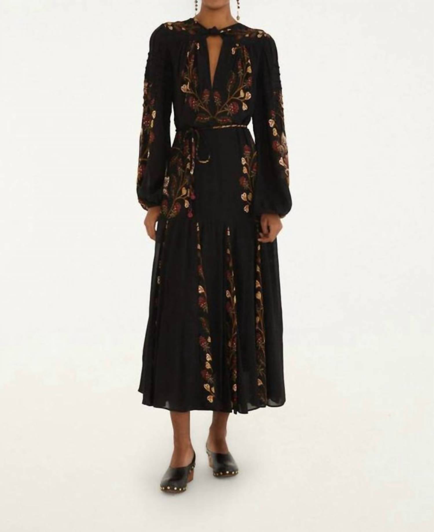Farm Rio - Berry Garden Long Sleeve Pleated Maxi Dress
