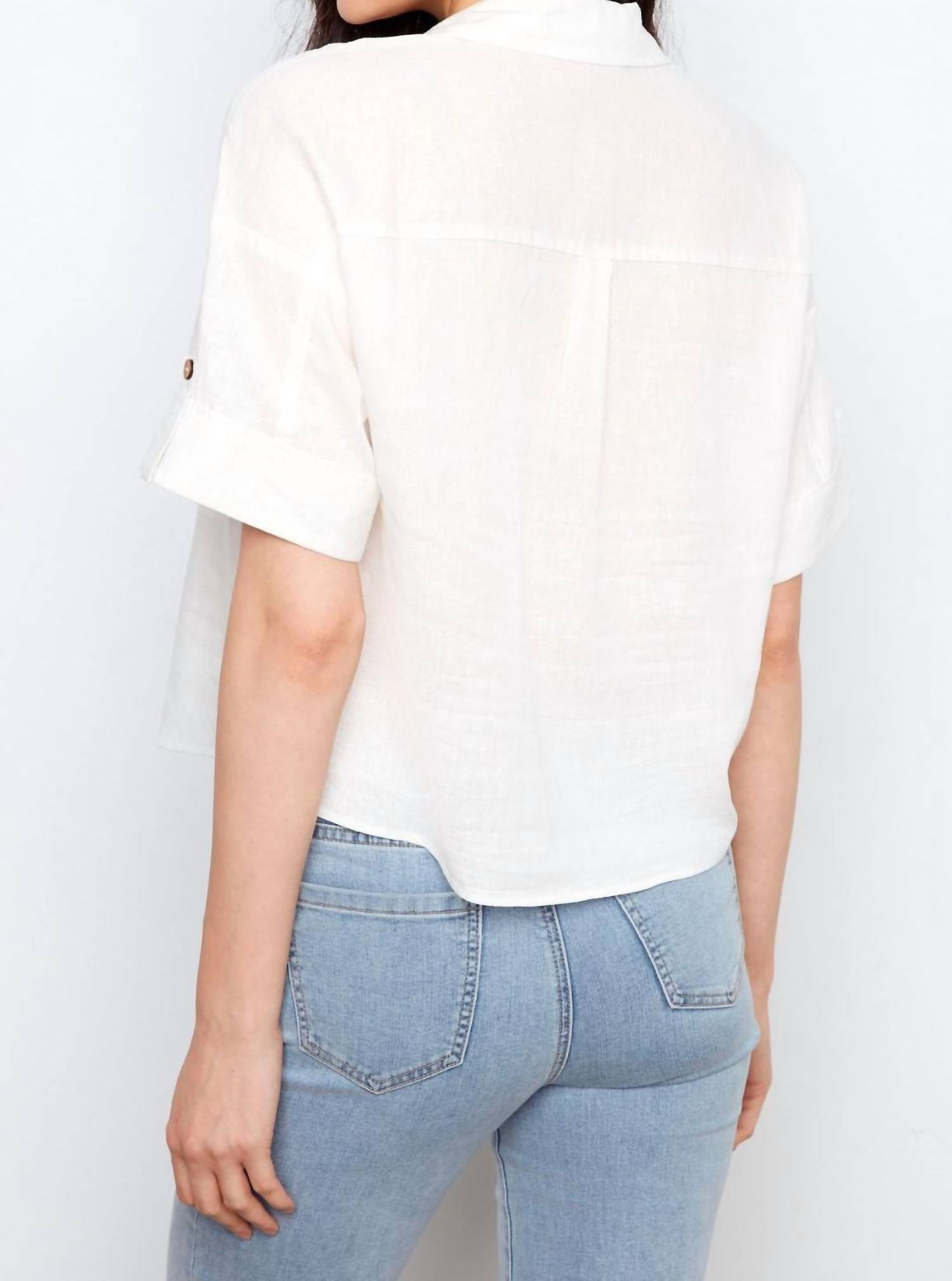 Charlie B - Short Sleeve Button Front Linen Patch Pockets Blouse