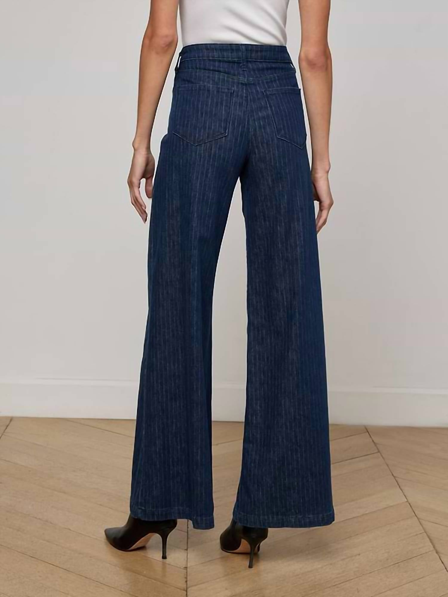 L'Agence Quincy Pinstriped Wide Leg Jean in ebony stripe - women's jeans - detail view