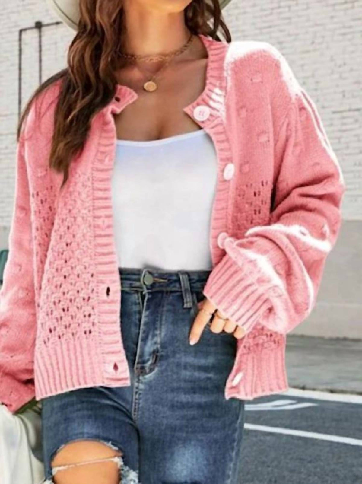 Miss Sparkling - Pompom Puff Sleeve Cardigan