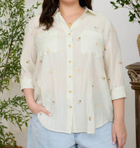 Blu Pepper - Stripe Floral Embroidery Long Sleeve Top - Plus