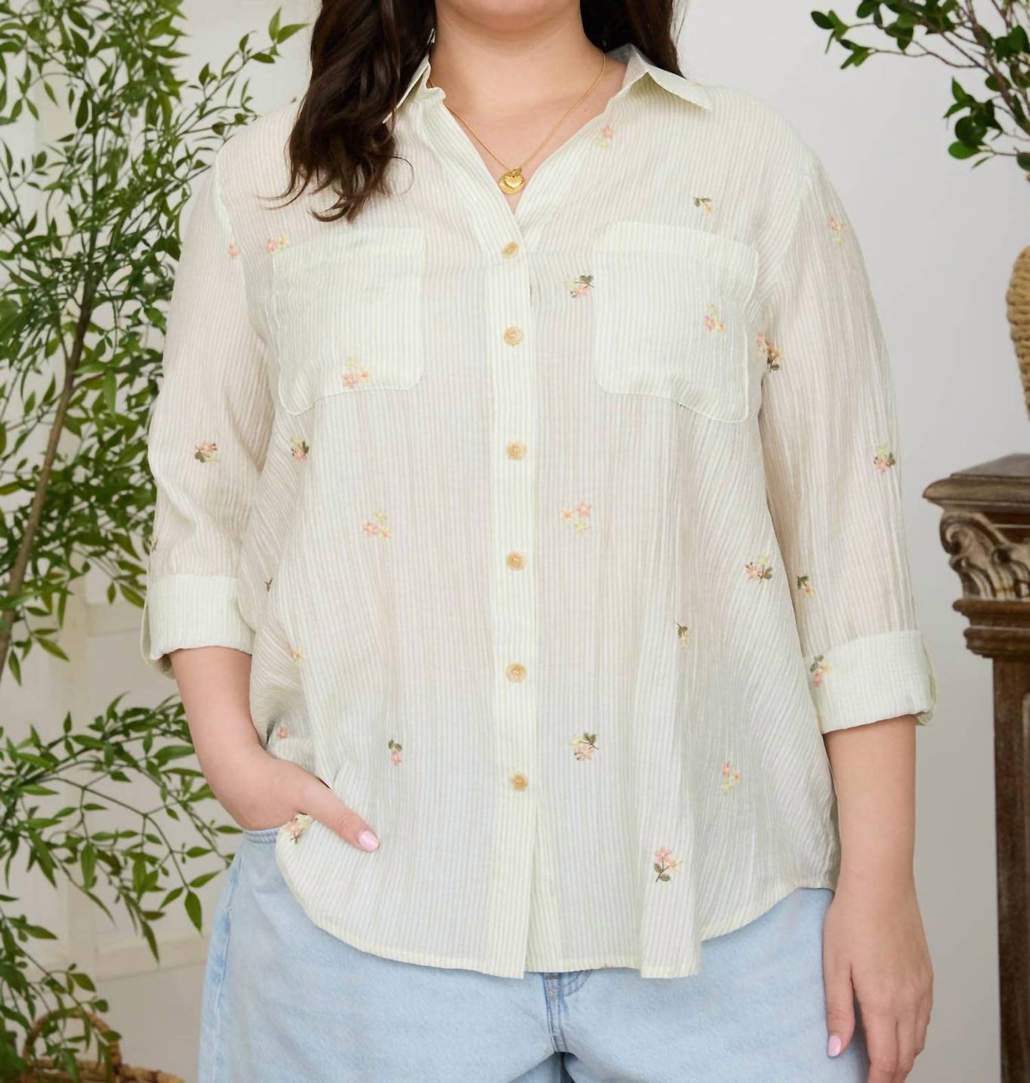 Blu Pepper - Stripe Floral Embroidery Long Sleeve Top - Plus