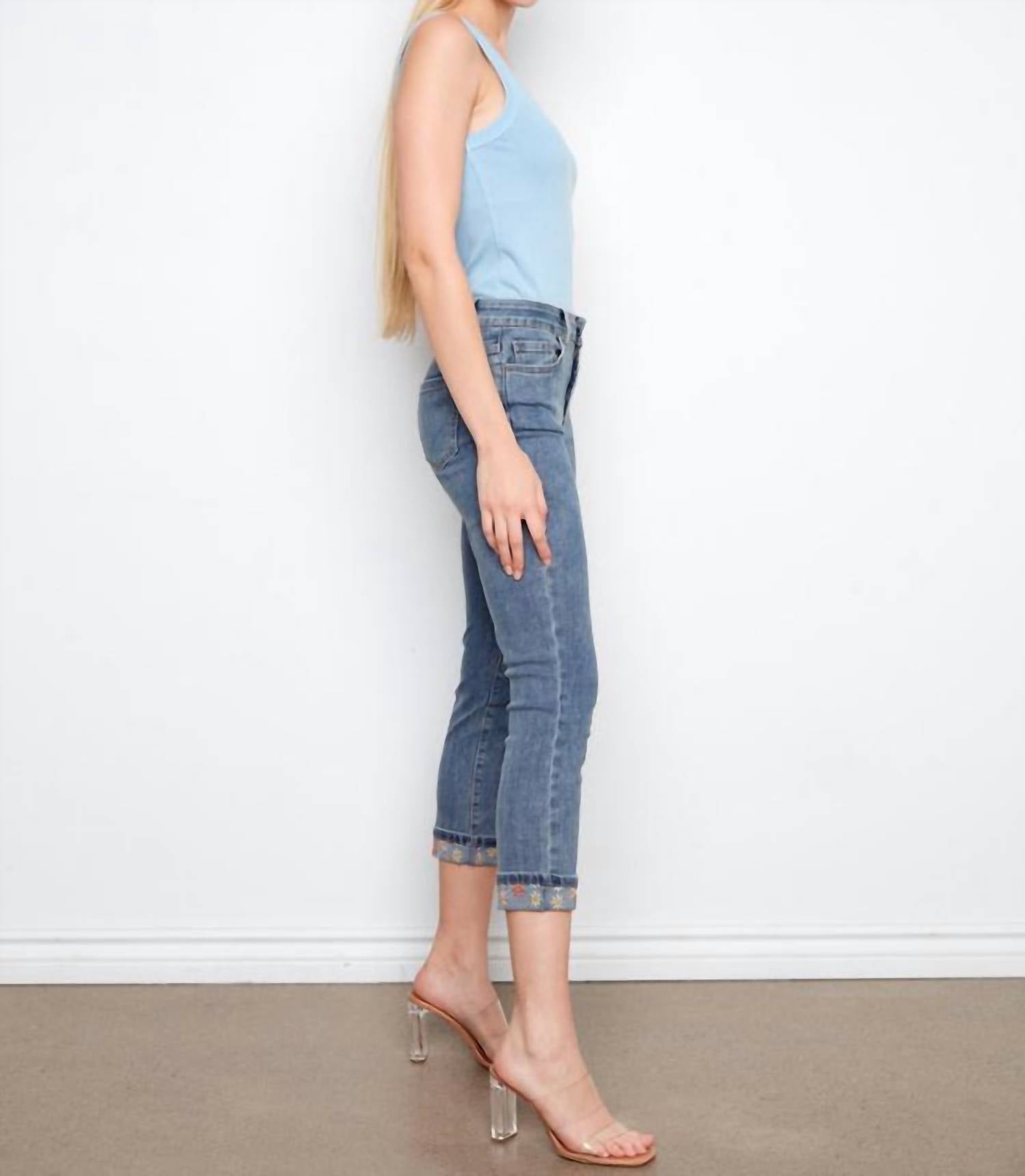 Charlie B - Embroidered Cuff Cropped Slim Leg Jeans
