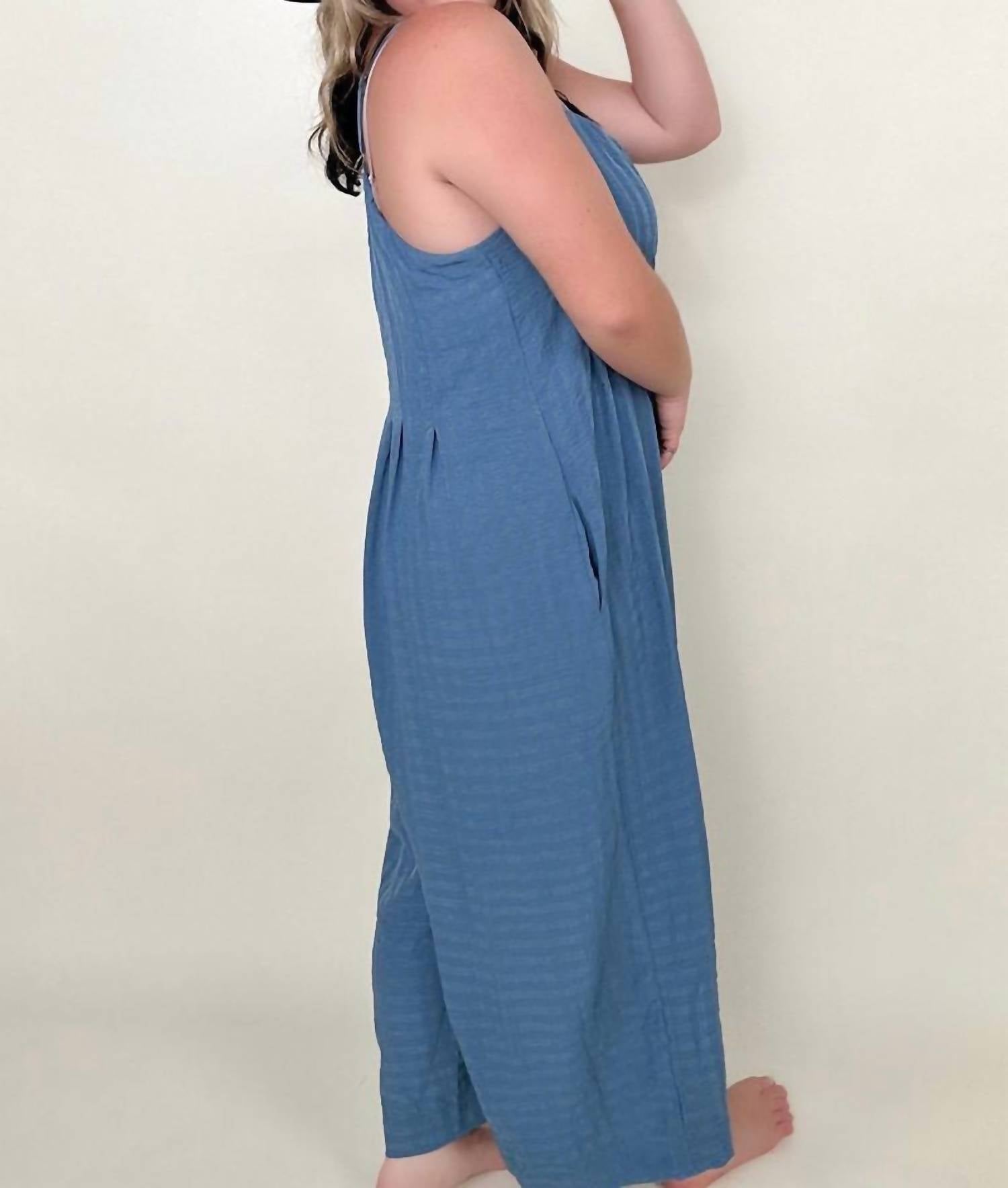 GiGiO Chic Comfort Textured Woven Spaghetti Strap Jumpsuit in denim - women's pants - view 4
