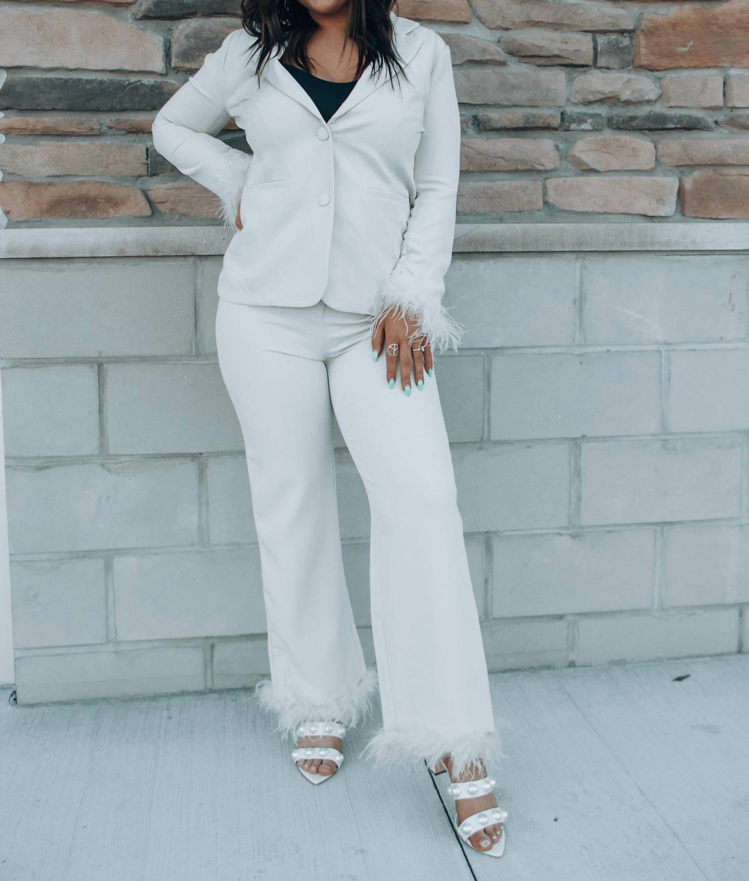 SKIES ARE BLUE Business Baddie Feather Cuff Straight Pants in cream - women's pants
