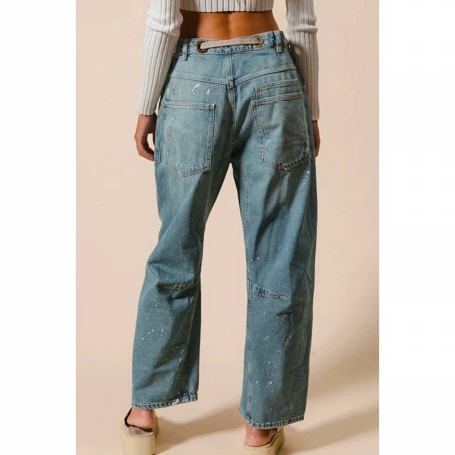 Bibi - Paint Splatter Button Fly Denim Pants With Braided Belt Detail