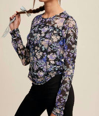 Listicle - Floral Print Mesh Fitted Long Sleeve Top