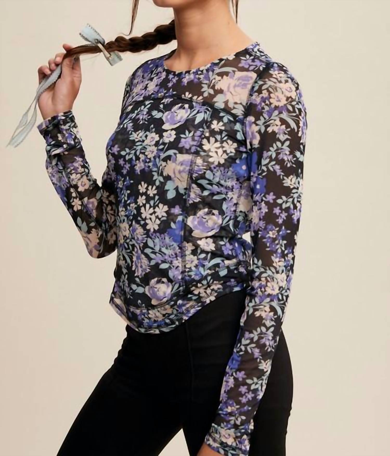 Listicle - Floral Print Mesh Fitted Long Sleeve Top