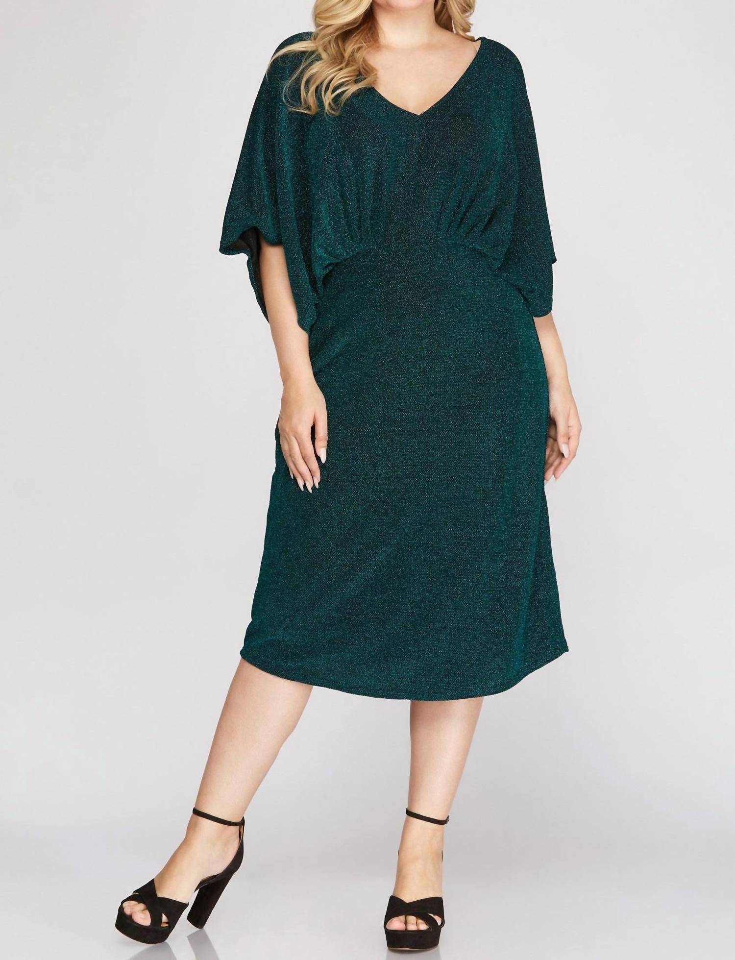 She + Sky - Kimono Sleeve Lurex Stretch Midi Dress - Plus