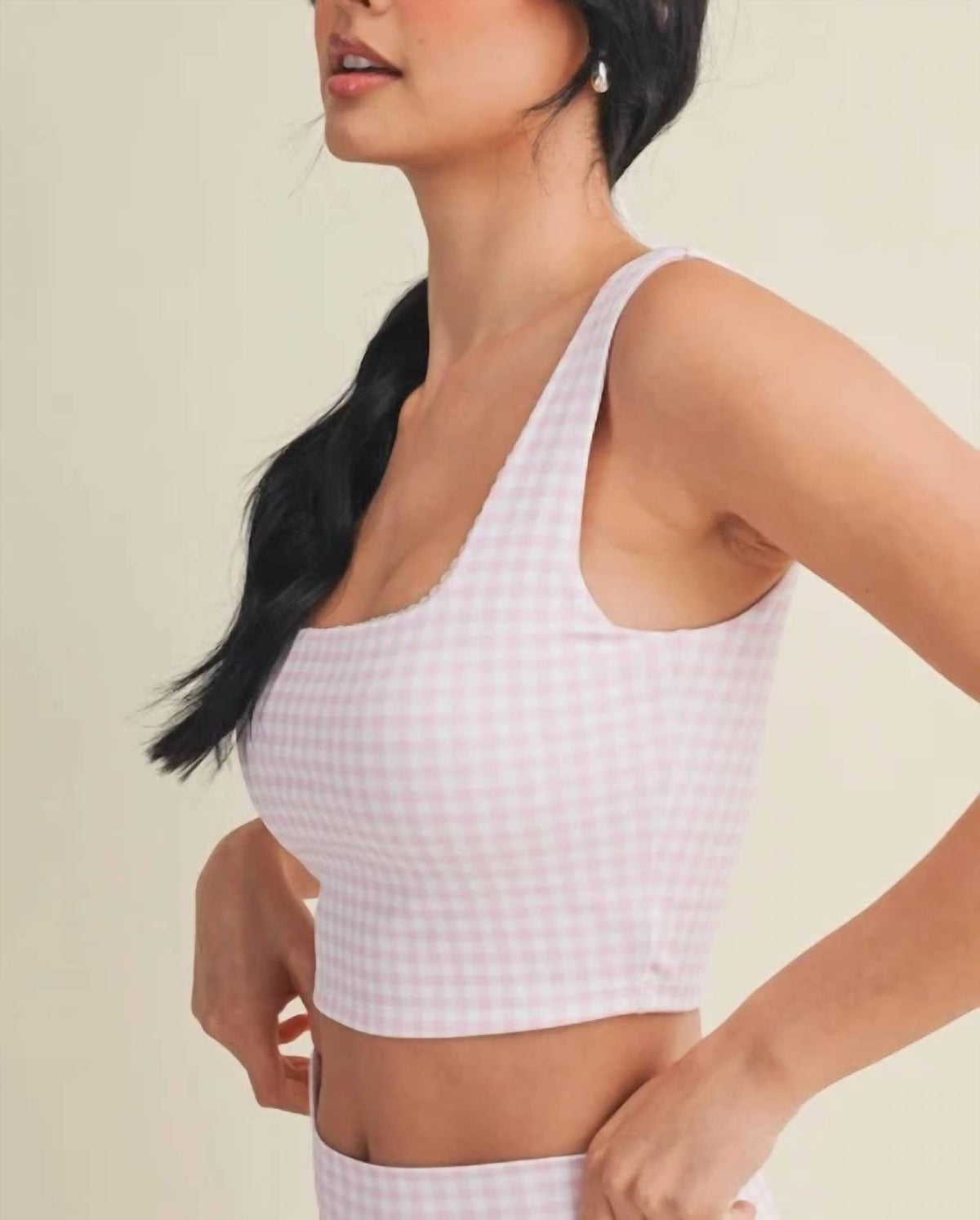 Kimberly C - Gingham Print Crop With Lace Trim Tank Top