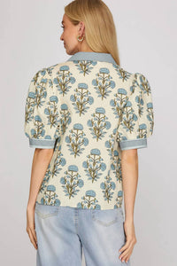 She + Sky - Floral Printed Collar Short Sleeve Blouse