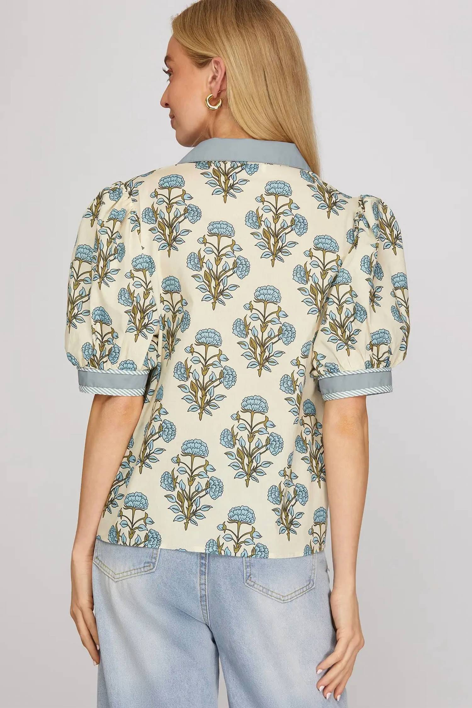 She + Sky - Floral Printed Collar Short Sleeve Blouse