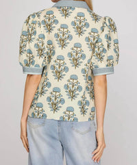She + Sky - Floral Printed Collar Short Sleeve Blouse