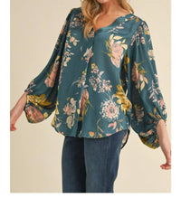 Jodifl Satin Floral Print Blouse With Bubble Sleeves in teal - women's blouse - view 4
