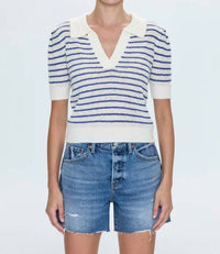 PISTOLA Billie Pleat Short Sleeve Top in navy blue and white striped - women's t-shirt