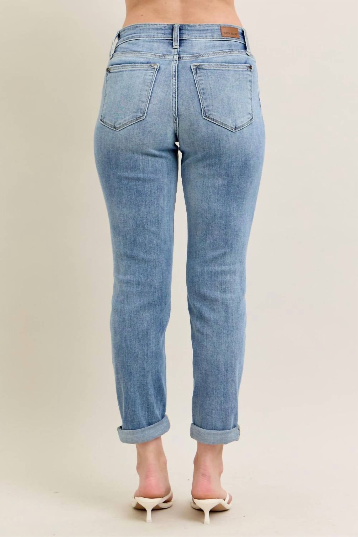Judy Blue Midrise Boyfriend Jeans in bleach wash - women's jeans - detail view
